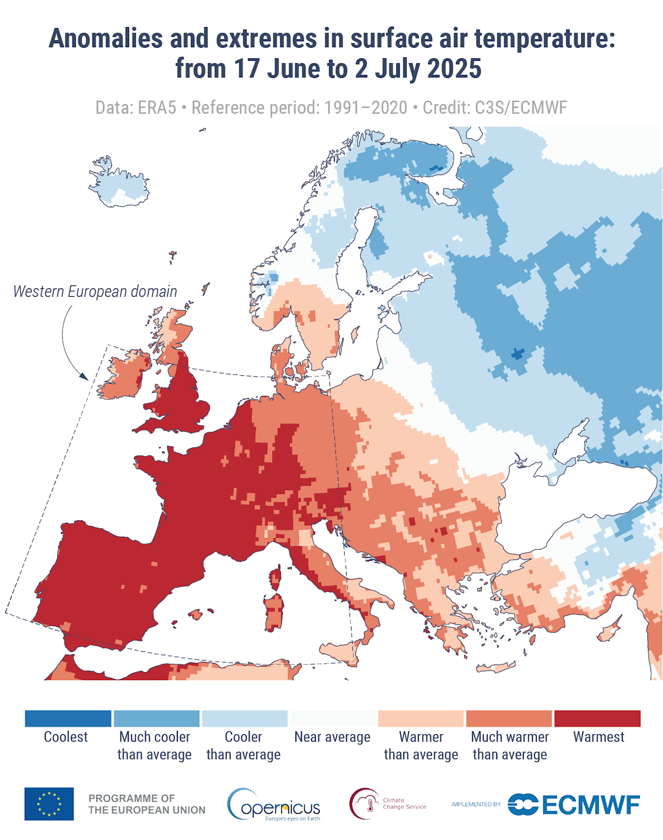 De afwijkingen van de temperaturen in Europa tot en met 2 juli. Er was een duidelijke tweedeling - Copernicus
