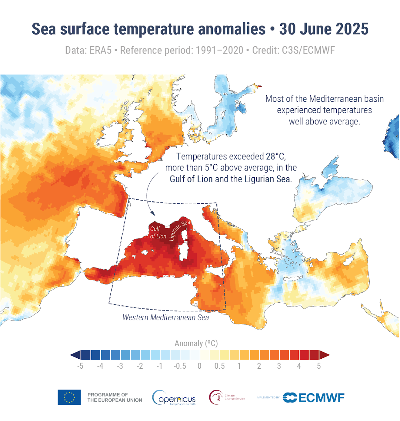 De afwijking van de zeewatertemperaturen. Het westelijke deel van de Middellandse Zee was extreem warm - Copernicus