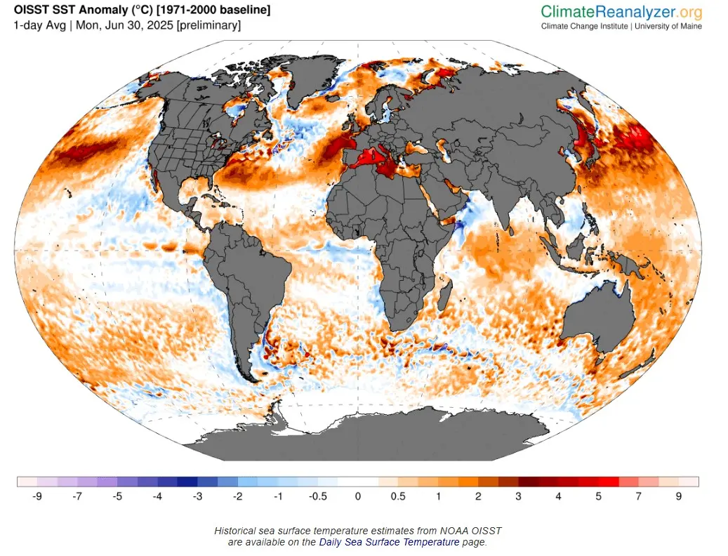 Op deze kaart is het warme zeewater rond Europa goed te zien - Climate Reanalyzer