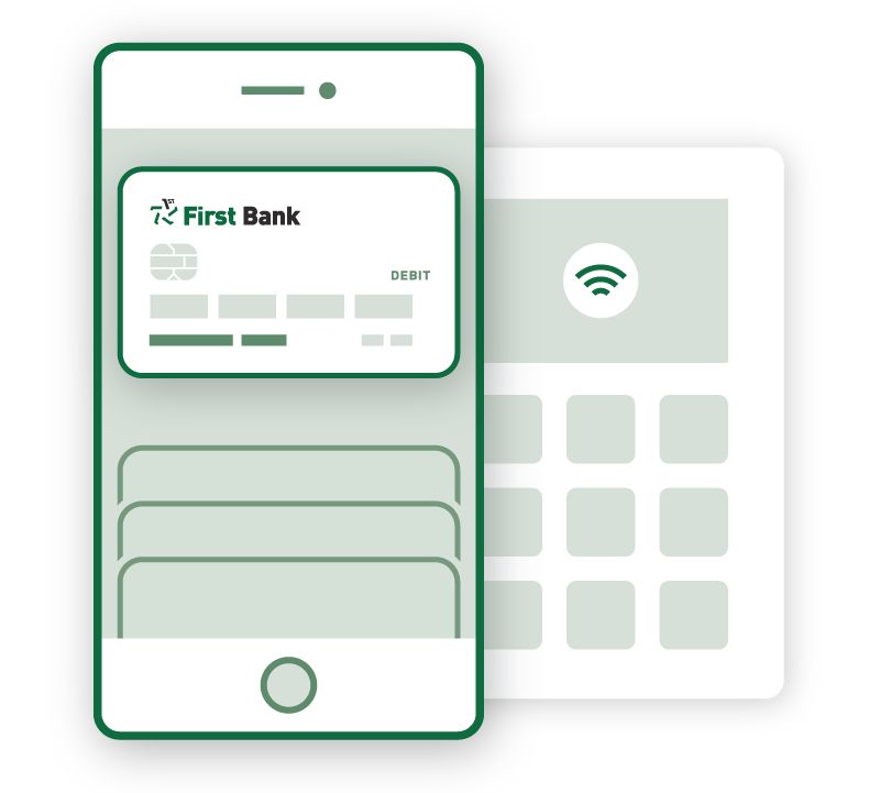 An illustration of a phone showing a first bank debit card in a mobile wallet with a payment terminal behind it.