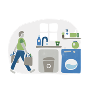 Ilustração que mostra uma pessoa numa casa a transportar sacos, produtos na prateleira, um contentor de reciclagem e uma máquina de lavar roupa, simbolizando o consumo sustentável.