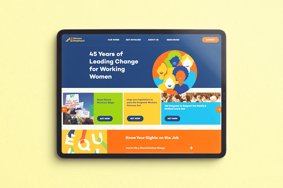 The Women Employed website, viewed on a iPad Pro tablet device.