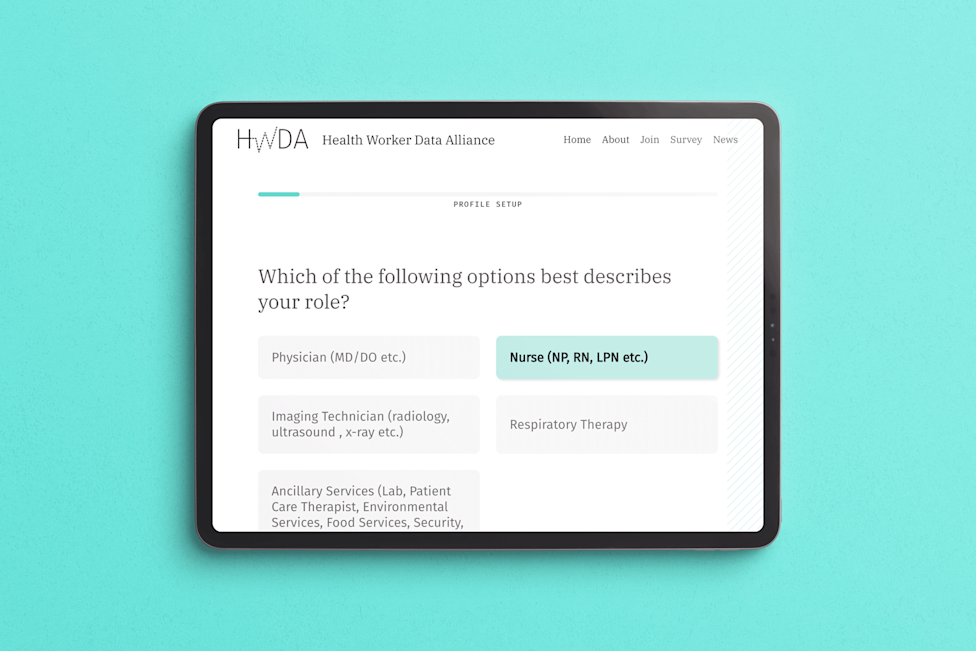 The Health Worker Data Alliance survey appears on an Apple iPad Pro tablet.