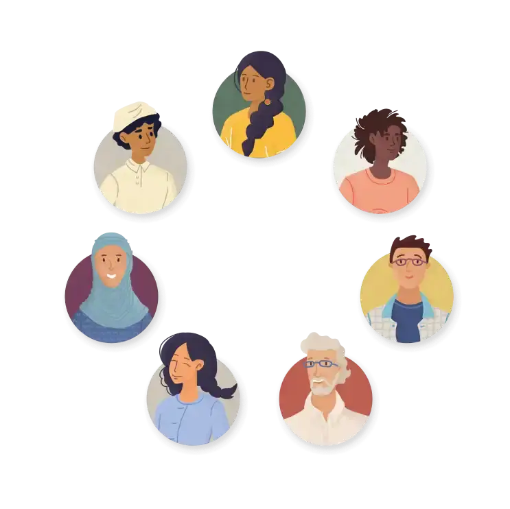 Illustrated portraits of diverse individuals of various ages, ethnicities, and genders arranged in a circular pattern, representing inclusive public health outreach for the Yukon Government's 2022 Fall Flu Campaign.