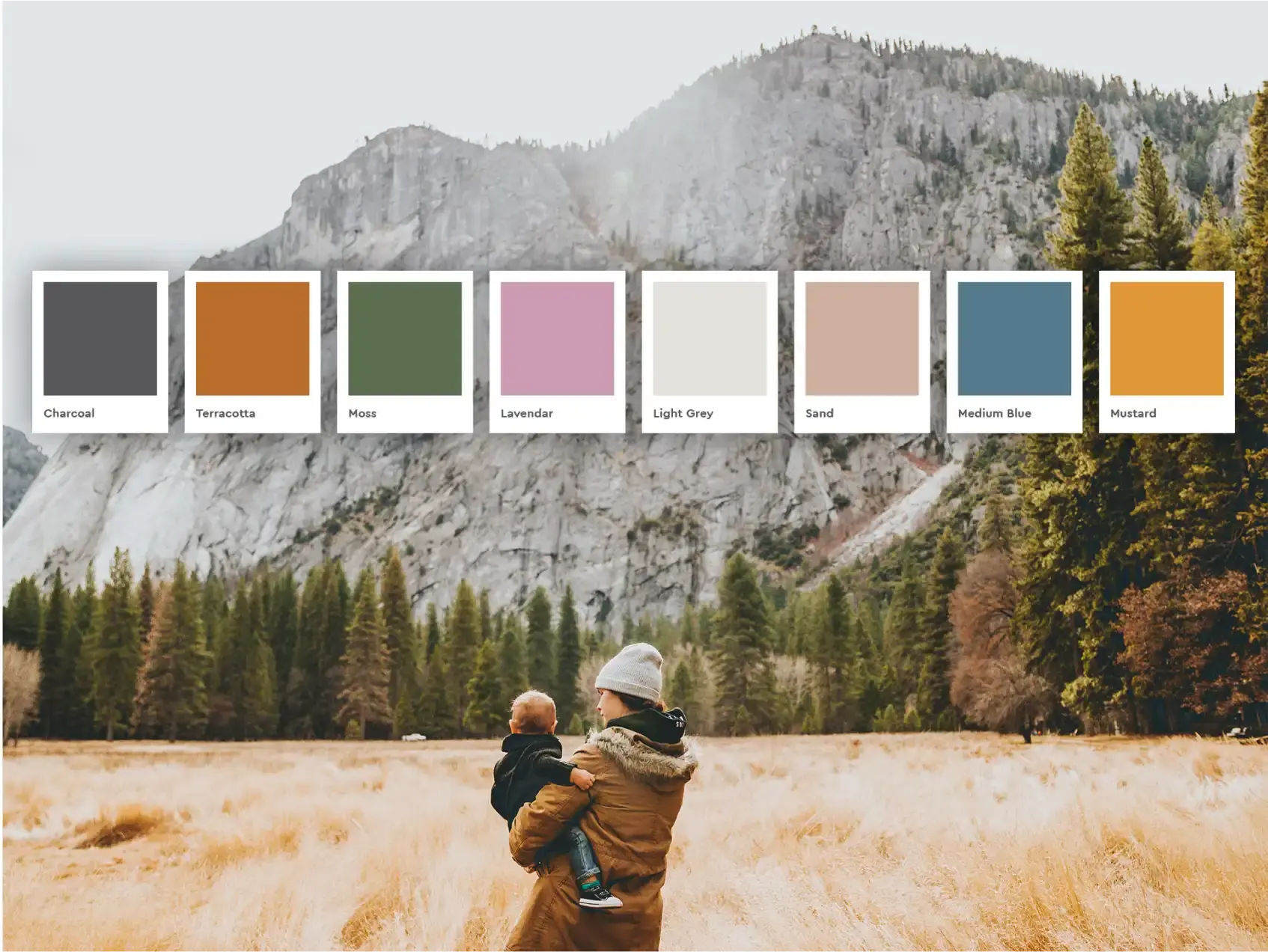 Yukon Midwifery Program colour palette by MBDC, featuring natural tones like terracotta, moss, and sand, inspired by Yukon’s landscapes and family connection.