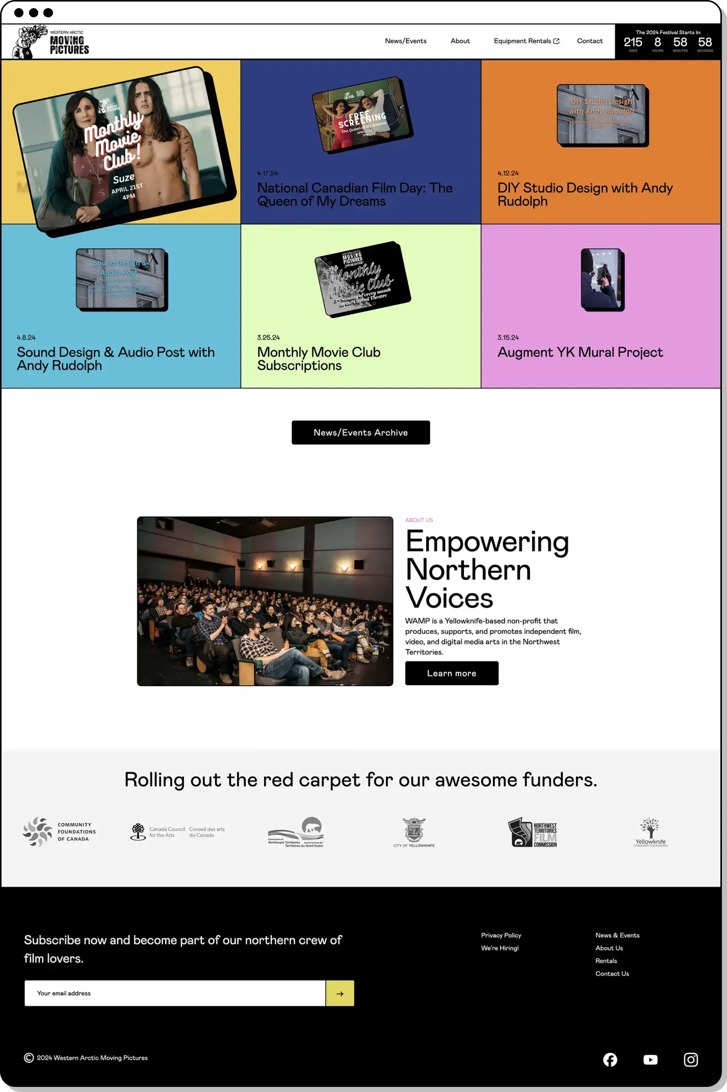 Screenshot of the Western Arctic Moving Pictures homepage contains a navigation bar, a countdown to a film festival, and sections highlighting various programs and events. The footer includes sponsor logos, a newsletter subscription prompt, and social media links.