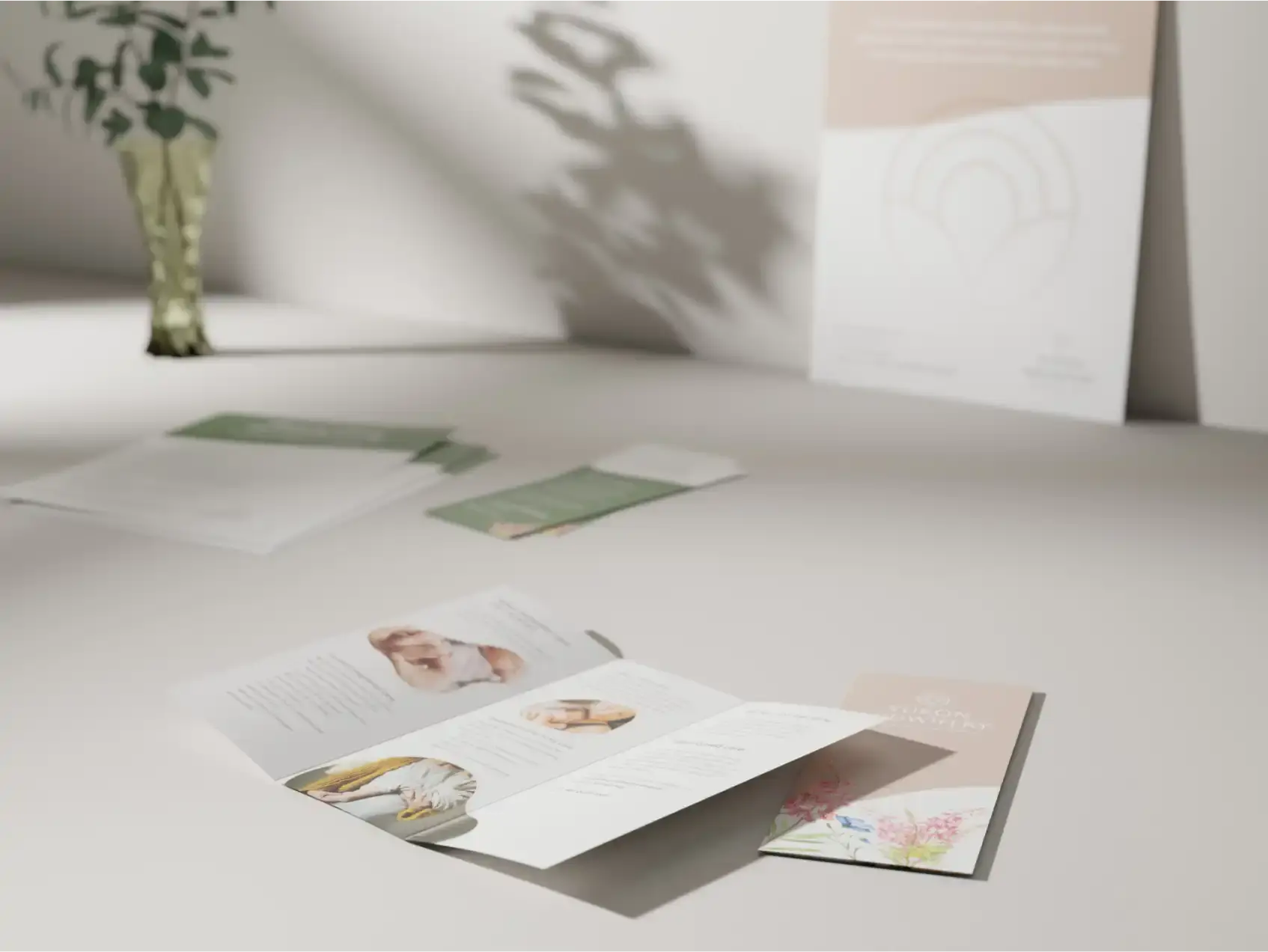 Brochure and printed materials for the Yukon Midwifery Program by MBDC, featuring nature-inspired illustrations and a calming, family-centered design.