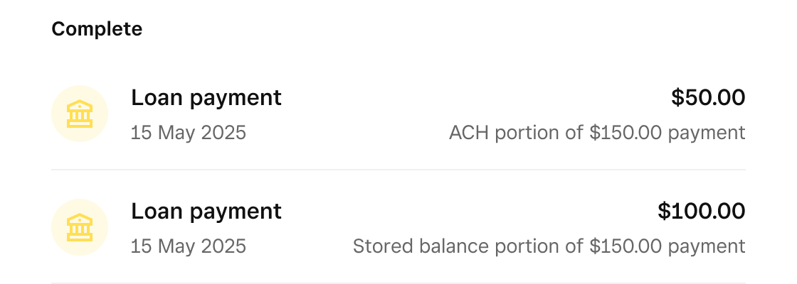 Repayment report image when deducted both from ACH and Square Balance