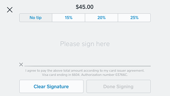 Signature Screen on iphone: X to cancel payment, tipping options, signature line, clear signature, done signing