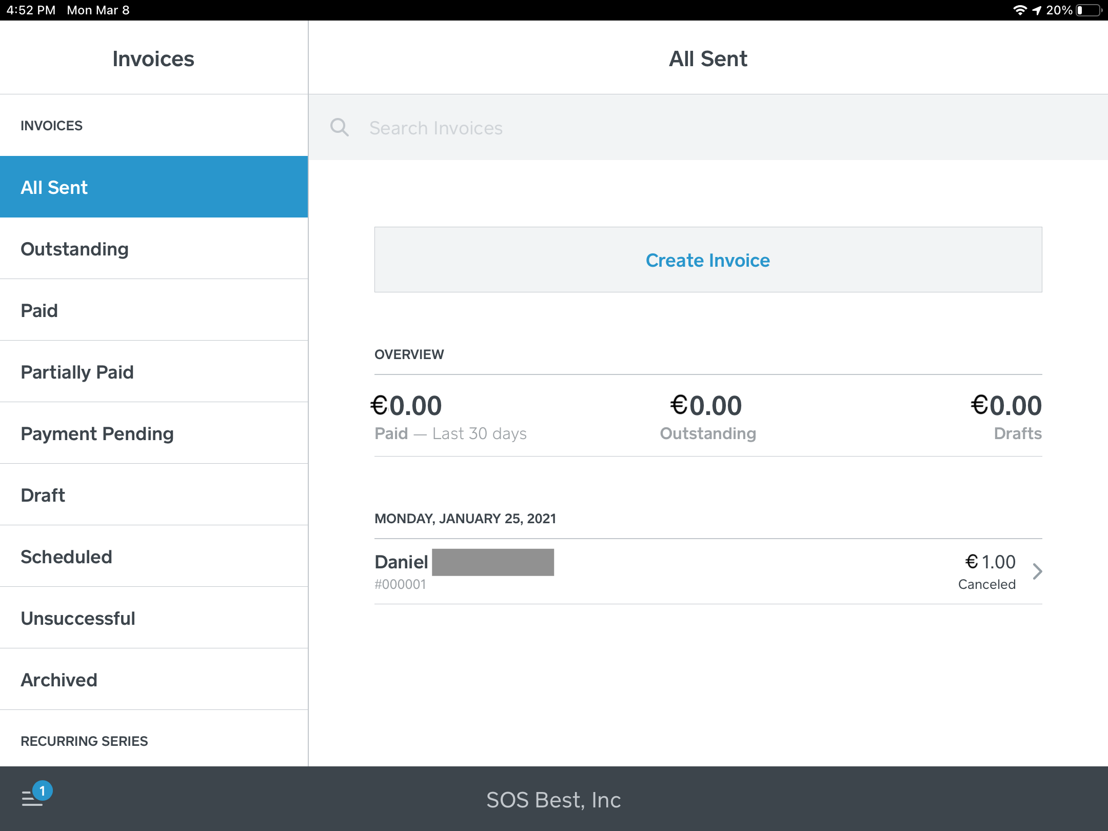 Invoices in the Square app Landscape view