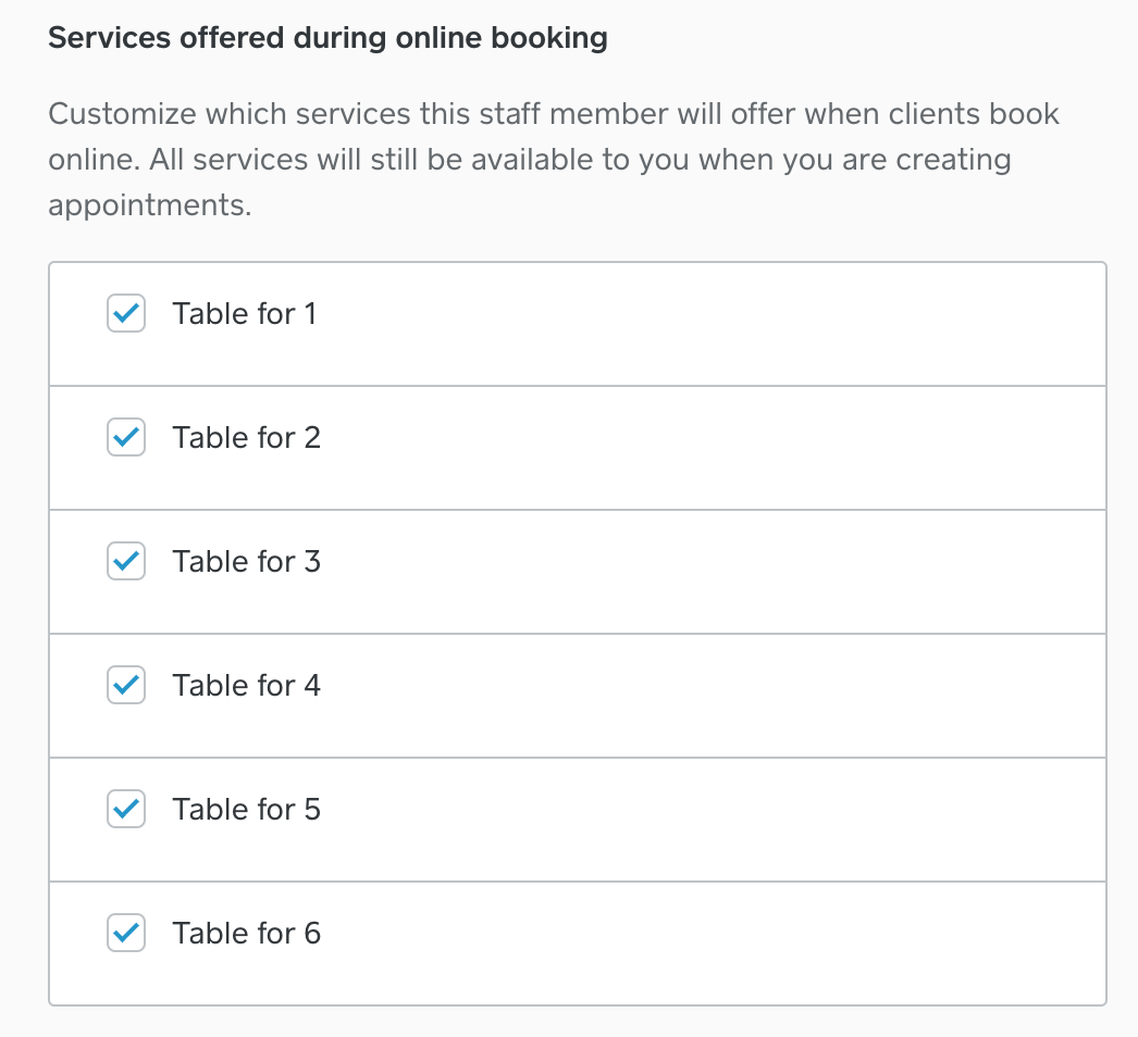 Services Available for Table 6