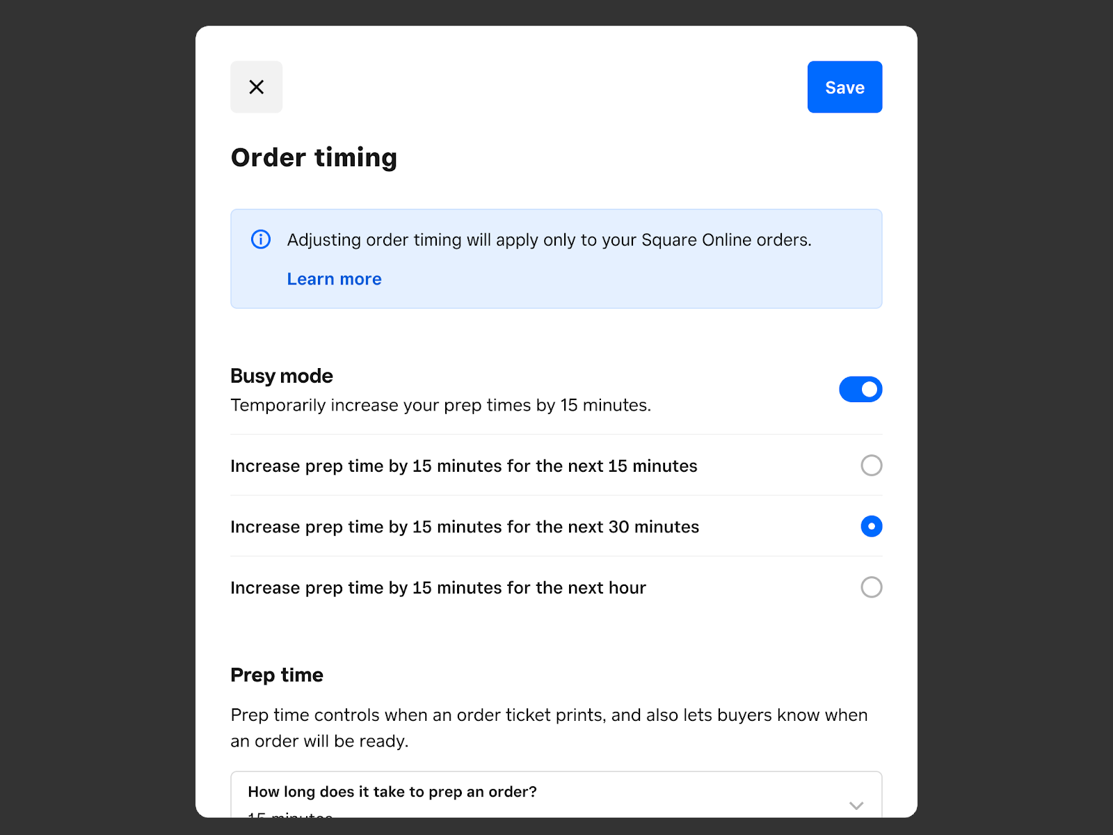Square Dashboard – Order Management – Busy mode – iOS – EN