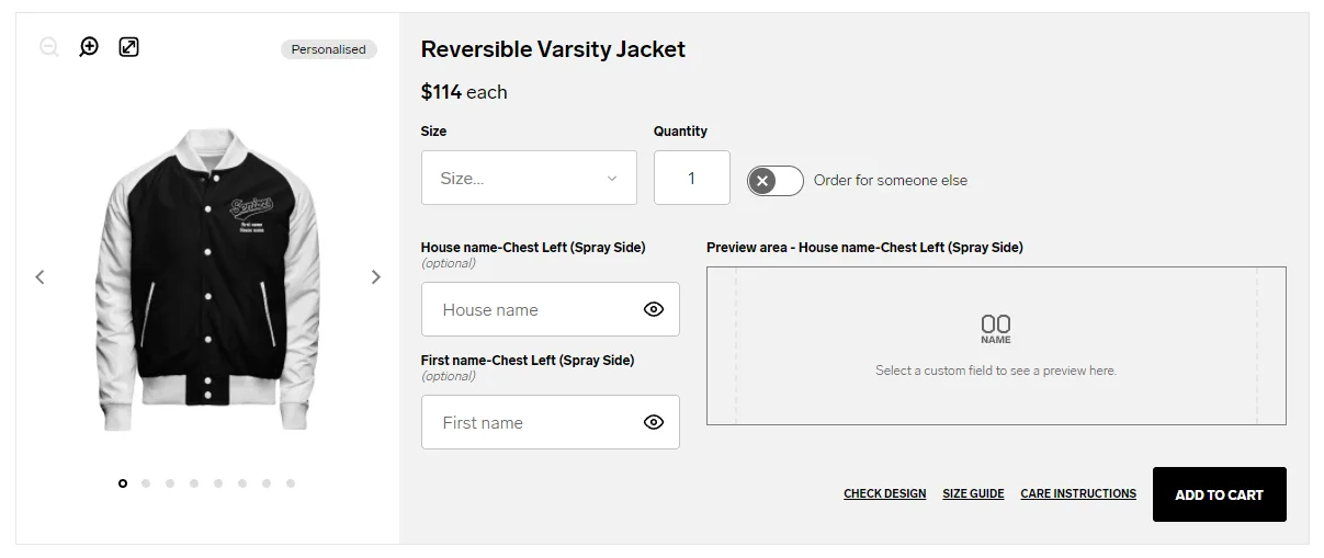 Ordering a product via a group order and viewing Personalisation options.