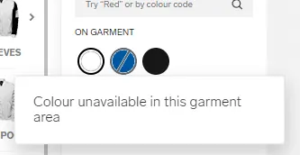 Design Lab On Garment colours showing a inactive state for colours which are not available for selection.