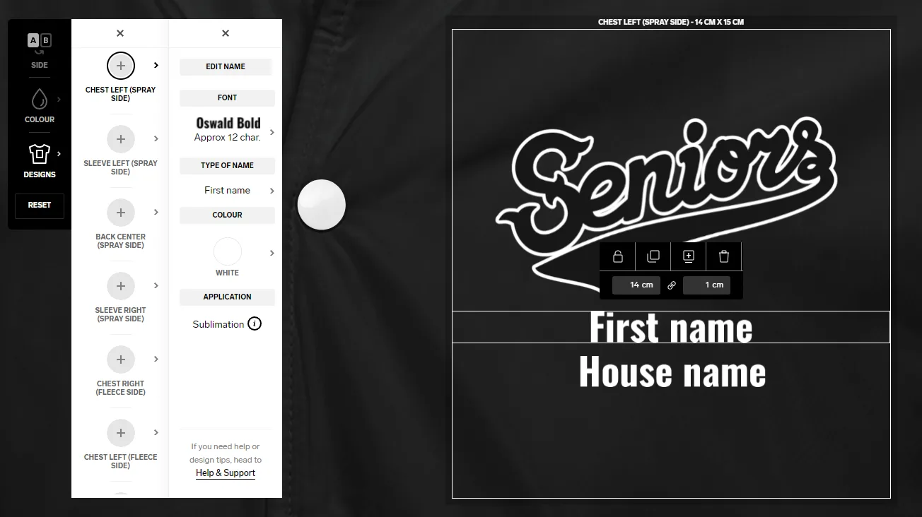In the Design Lab two Custom Names are added to allow two personalisation locations for each item ordered.
