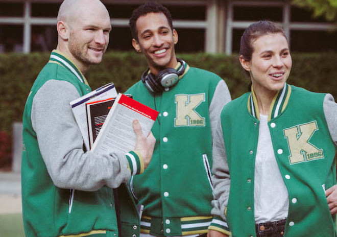 College Students wearing custom varsity jackets