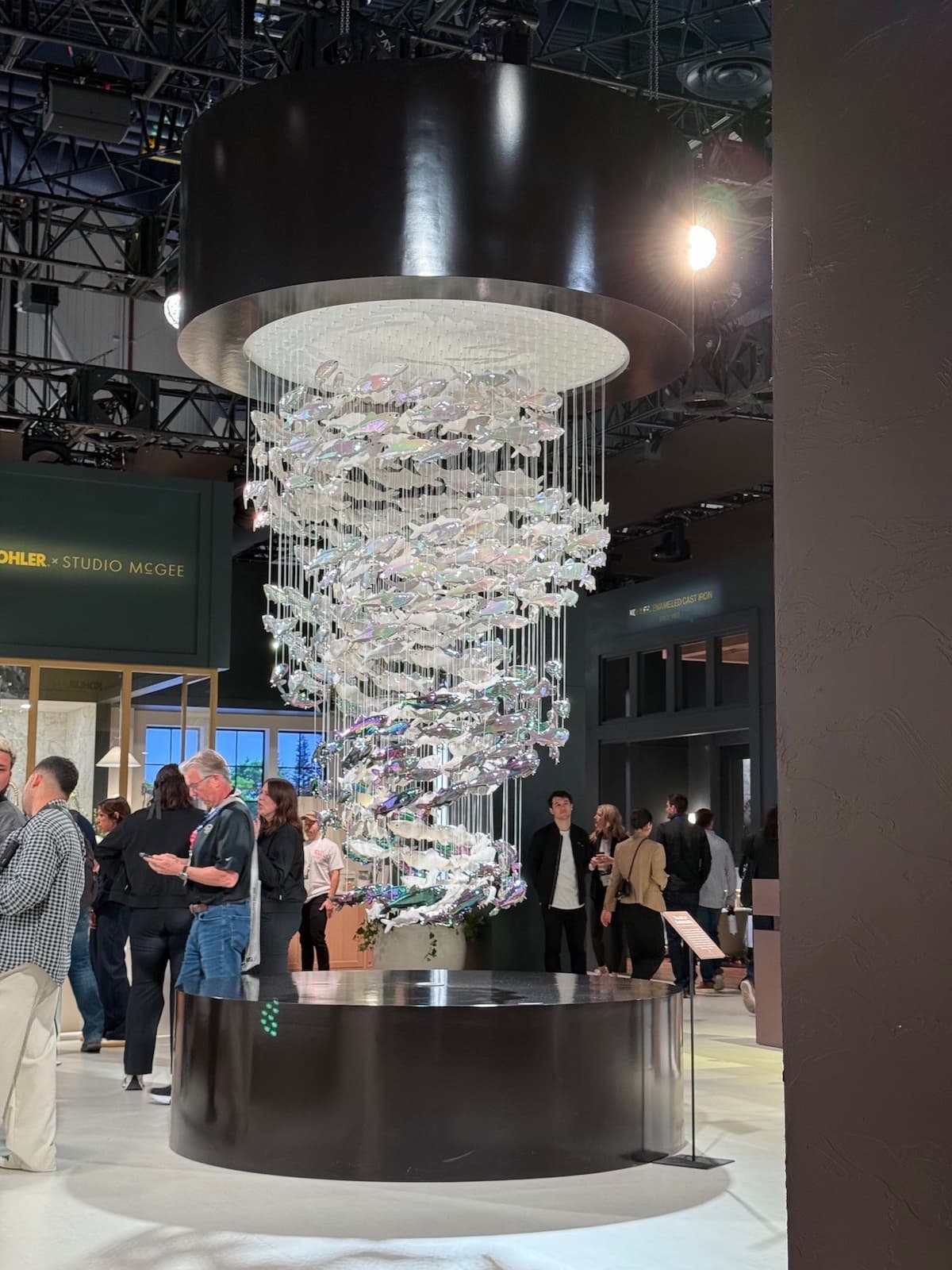 Suspended fish sculpture by David Franklin, shown in the Kohler booth at KBIS