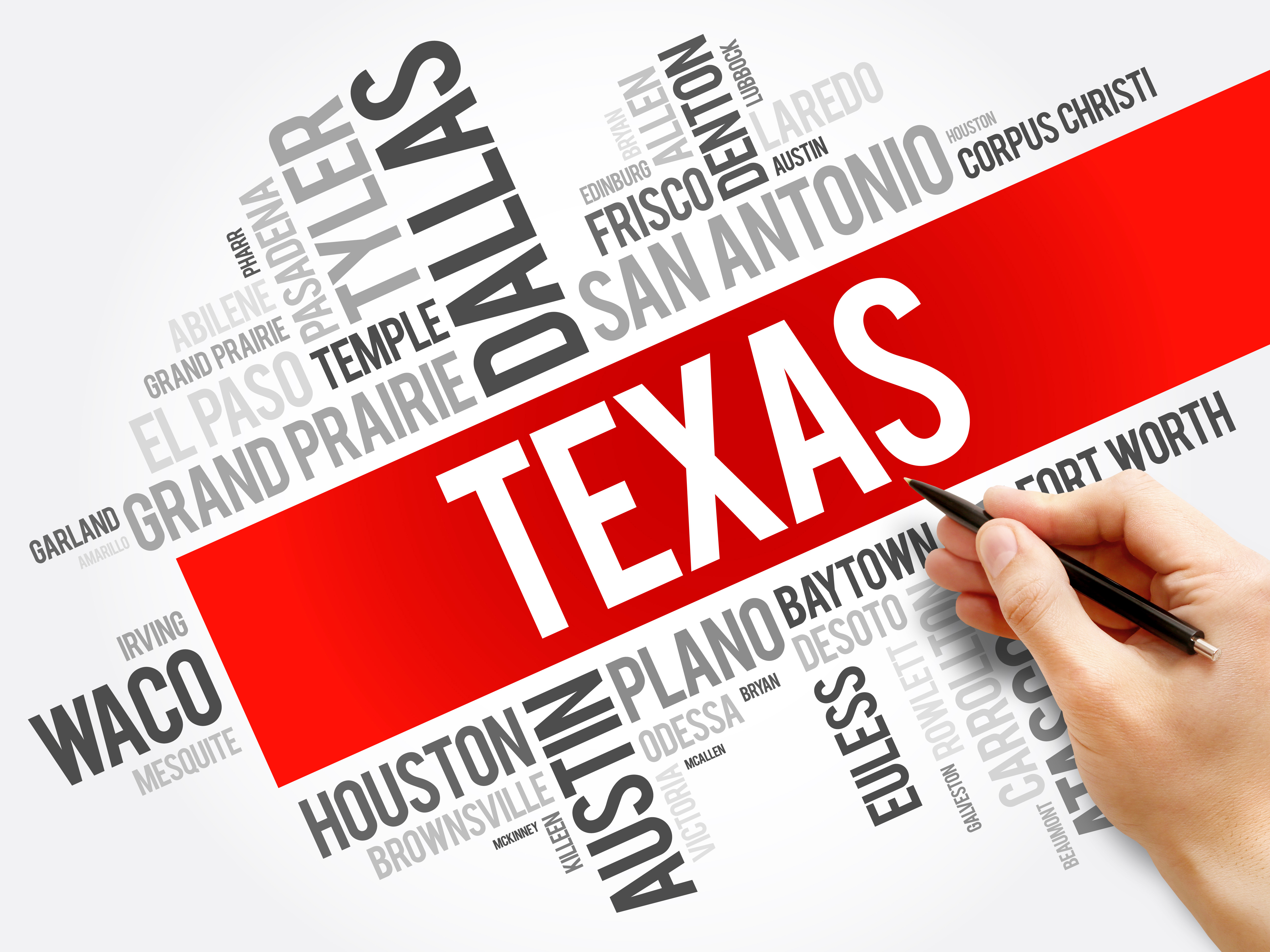 Word cloud listing several Texas cities