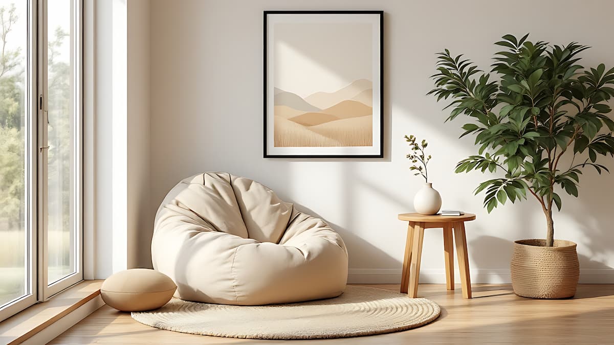 Calming living room with beanbag chair and natural light