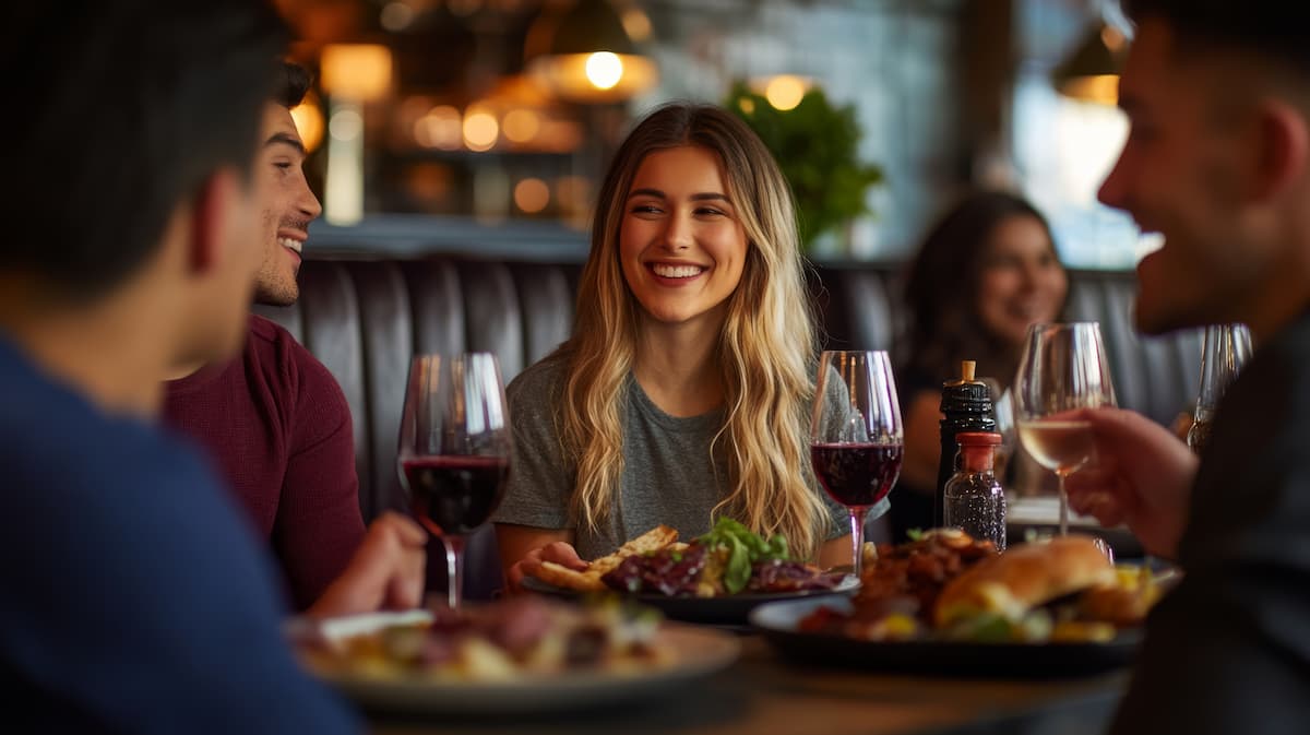 Friends enjoying a meal and drinks at a restaurant