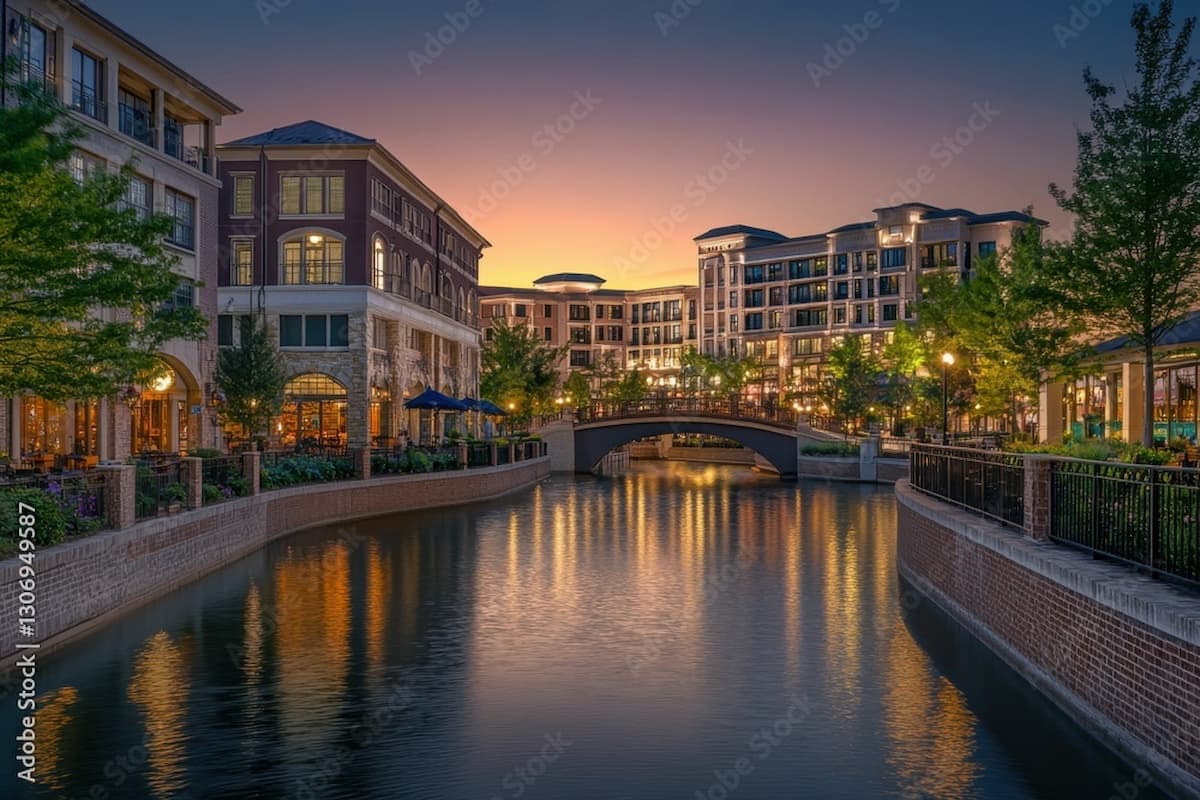 Apartments, buildings, and shops along waterfront in The Woodlands, Houston, Texas