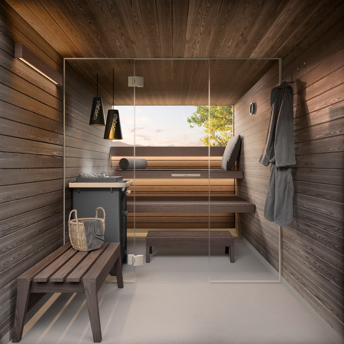 Shot of outdoor sauna with view to the outside, in the foreground, robe hooks and a bench
