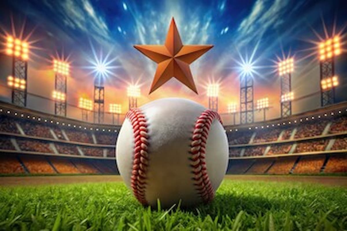 baseball on the grass in the foreground with a star above and stadium view in the background