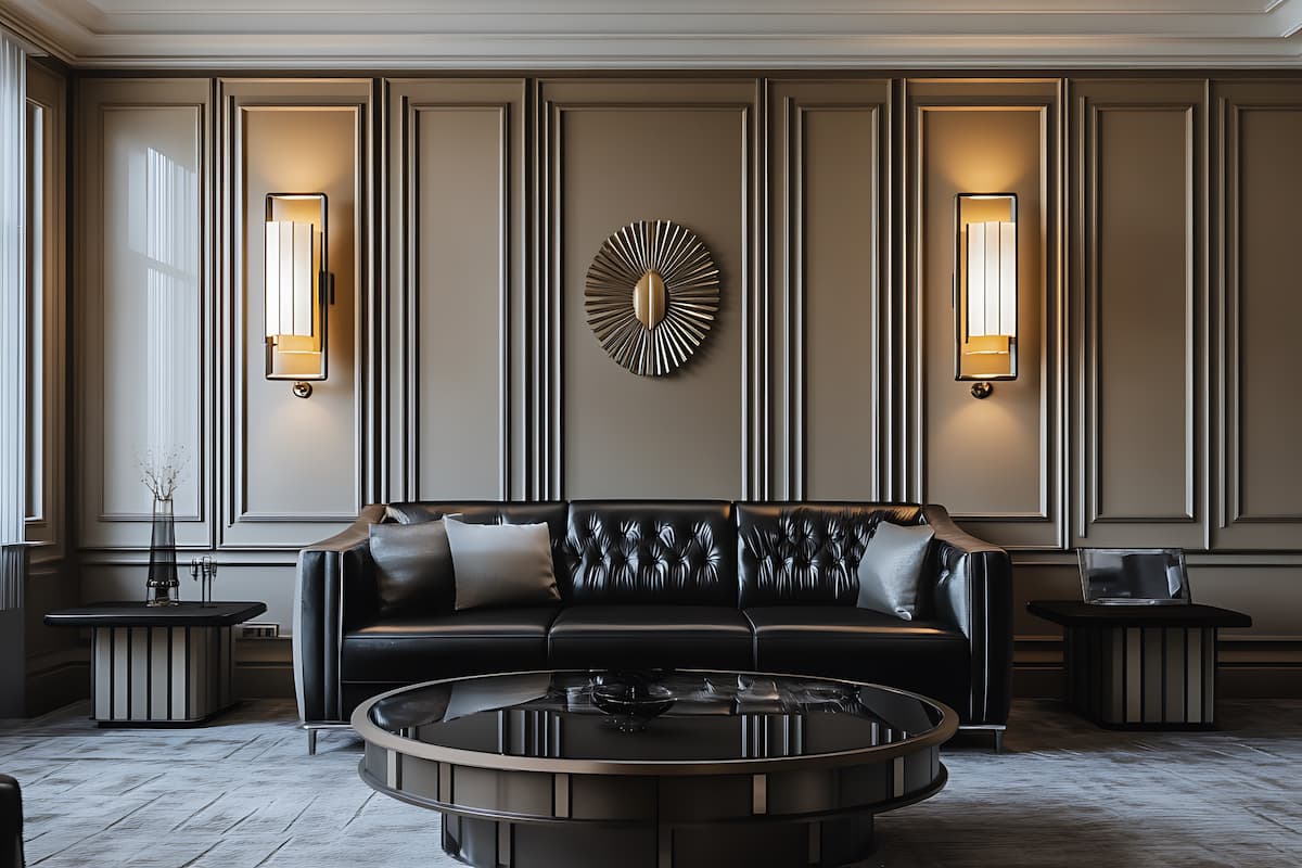 Grey art deco living room with large wall sconces, leather couch and sunburst mirror