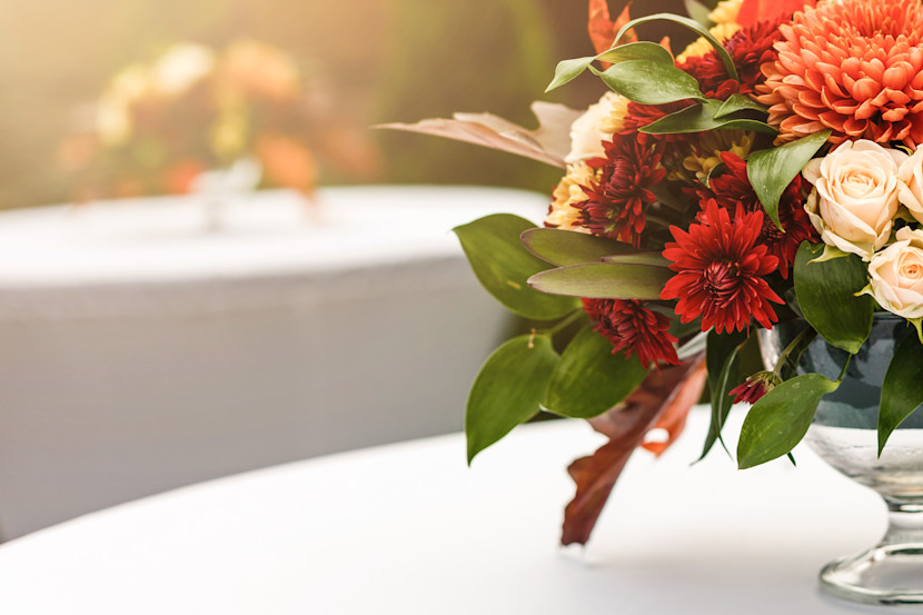 Holiday flower arrangement on a tabletop