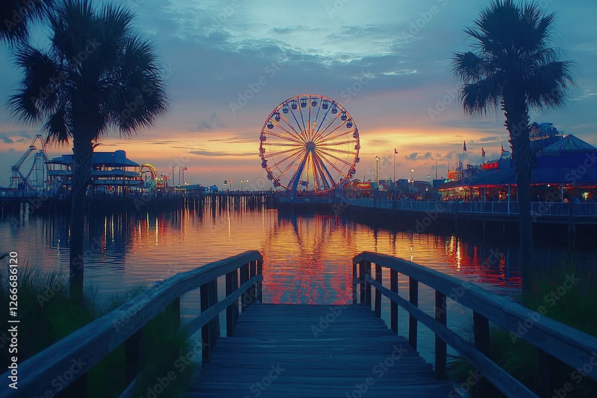 ferris wheel and boardwalk at sunset