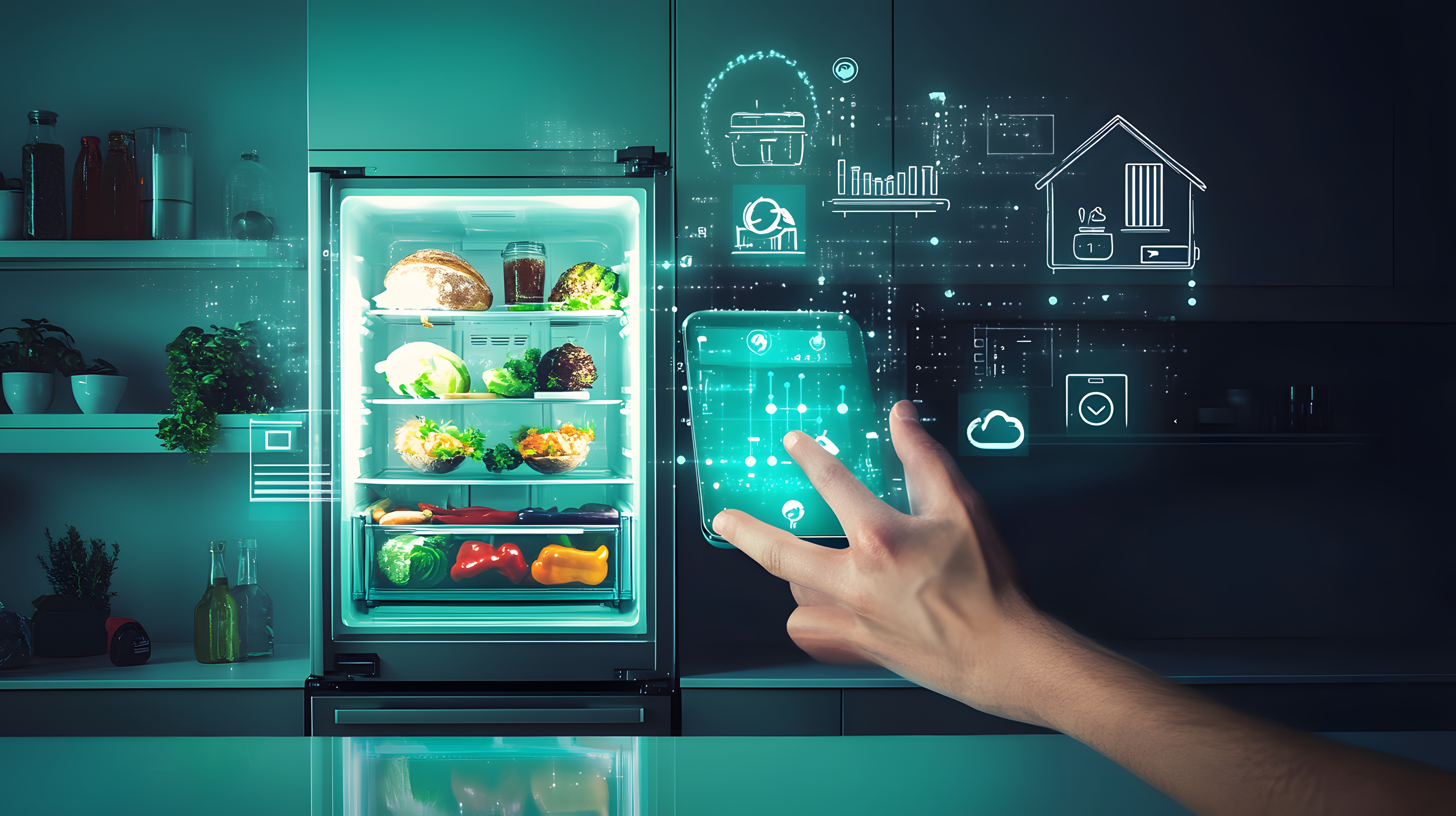 Image of smart fridge with glowing demonstration of different features