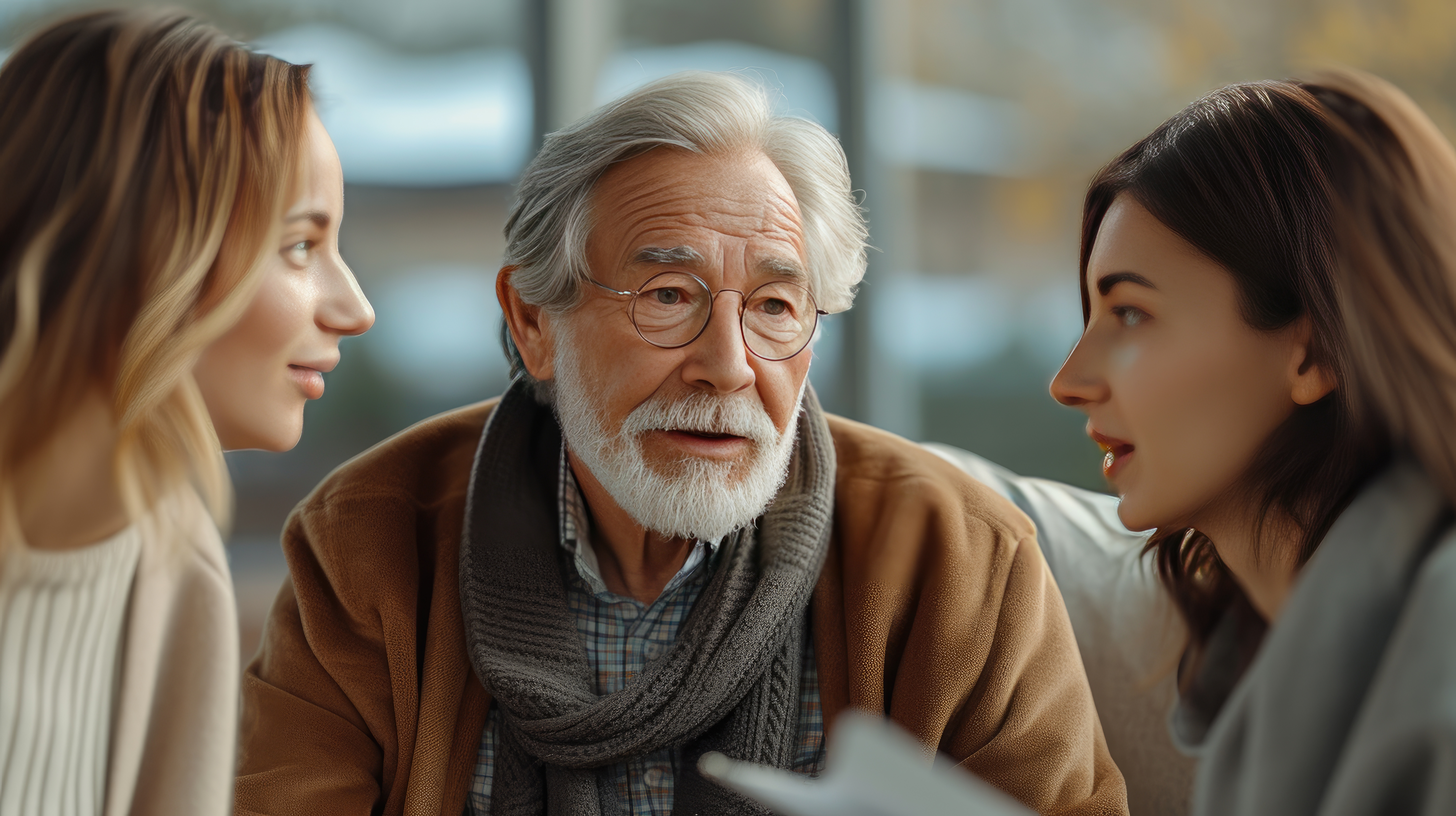 father talking with two daughters