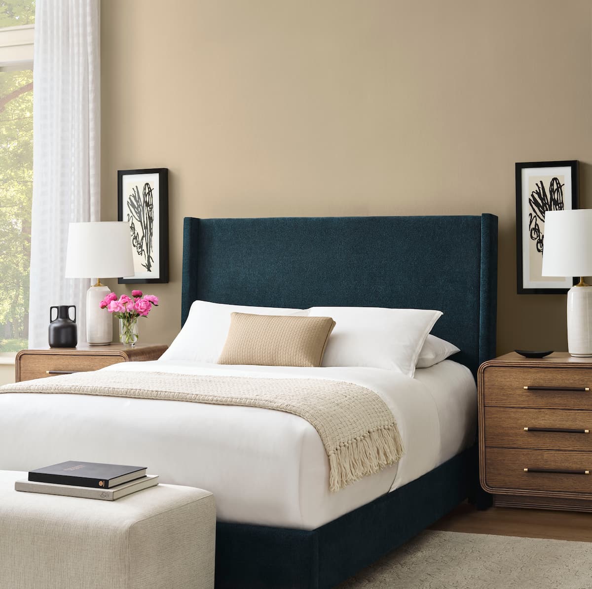 Bedroom painted in Sherwin-Williams Paint Color of the Year for 2026, Universal Khaki