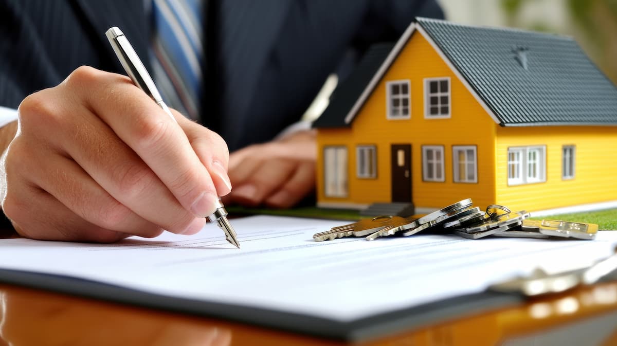 man in suit signing an agreement with a plastic yellow home and house keys
