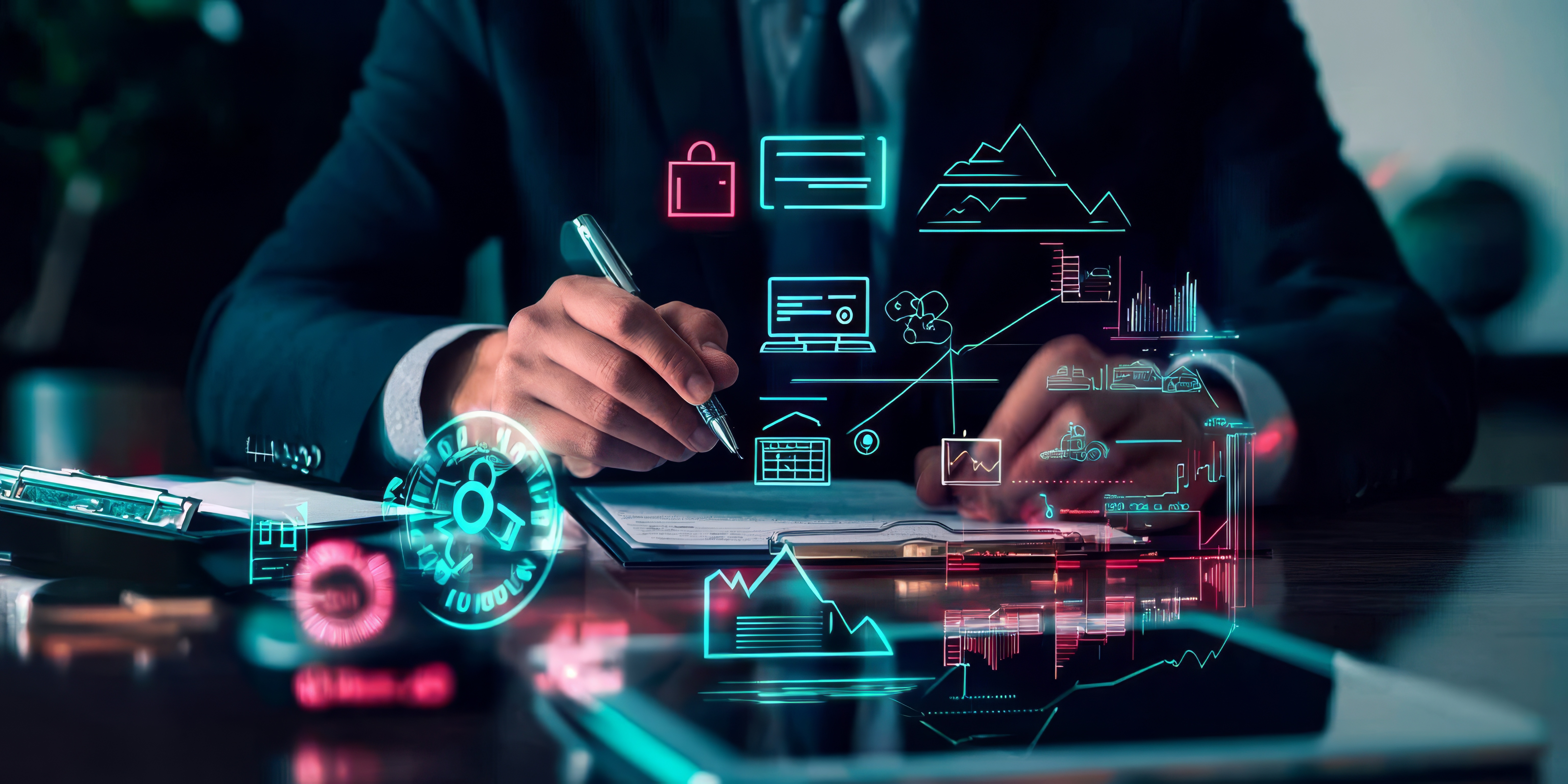 man in front of a computer with images of locks, spreadsheets, etc.