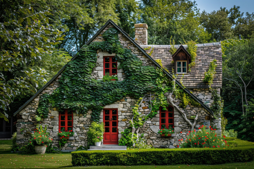 Stone cottage with red doors and windows, and vines growing on the facade