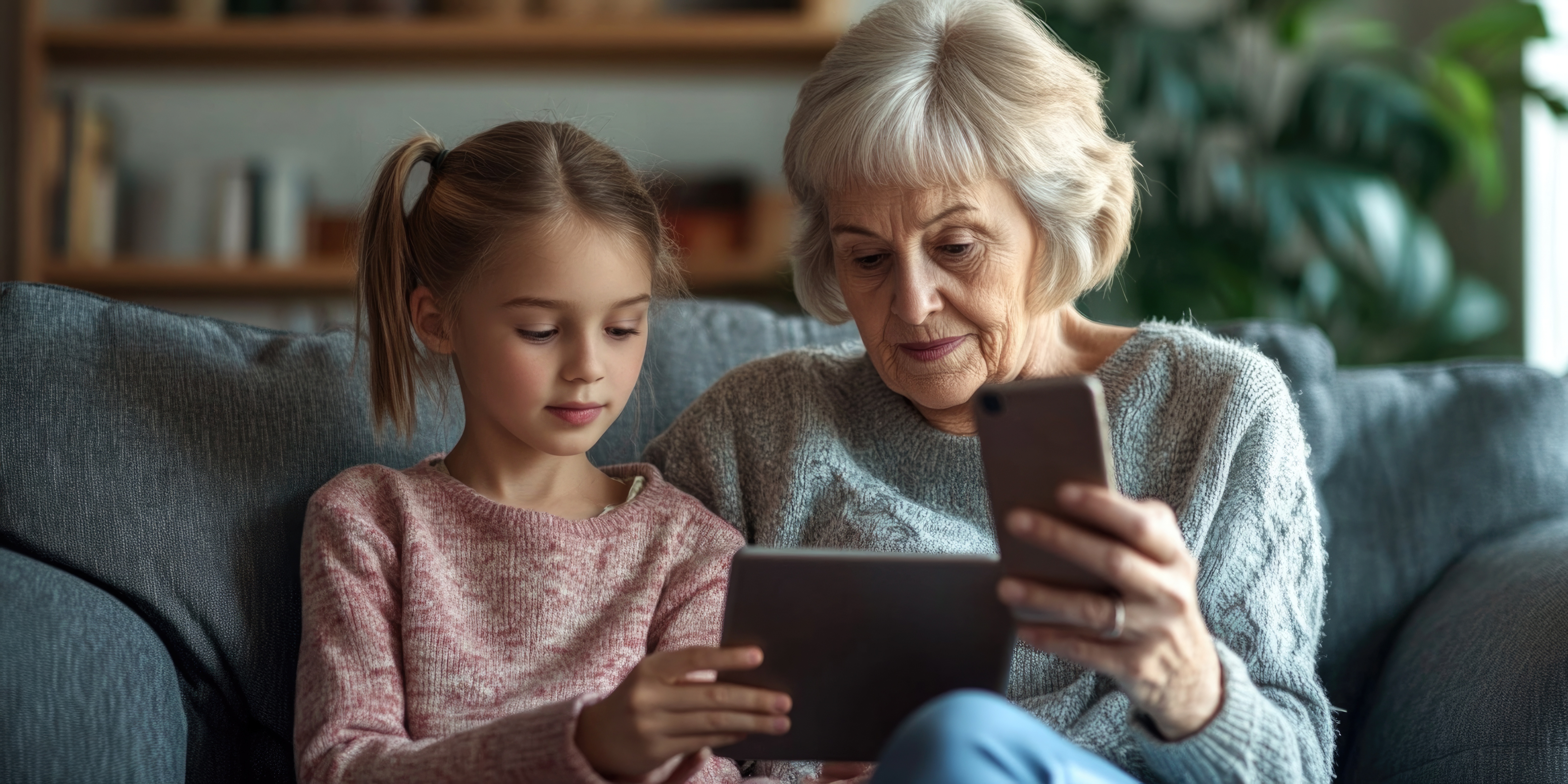 Grandmother and granddaughter looking at tech together