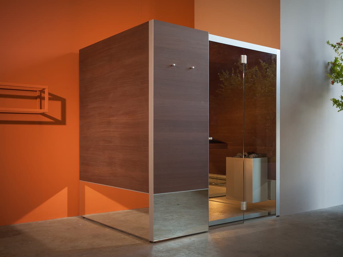 Home sauna with wood and metallic exterior from Effe Perfect Wellness