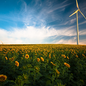 Can local councils cut energy prices and help you go green? Field of sunflowers with wind turbine and blue sky with white clouds.