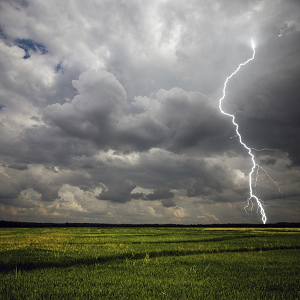 Ofgem August power cut fines Lightning striking the ground. Green field. Grey and cloudy sky.
