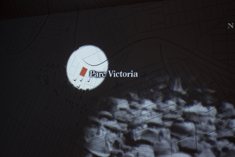 Detail of projection mapping on individual building structures.