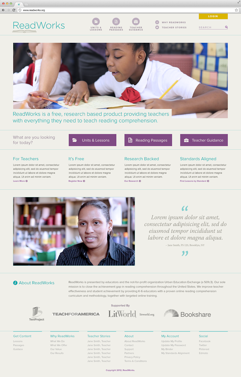 Homepage redesign comp for Readworks.org highlighting key paths for teachers.