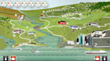 Screenshot of the Old Woman Creek reactive estuary kiosk showing a model of the estuary with buttons to positively or negatively affect health of the watershed.