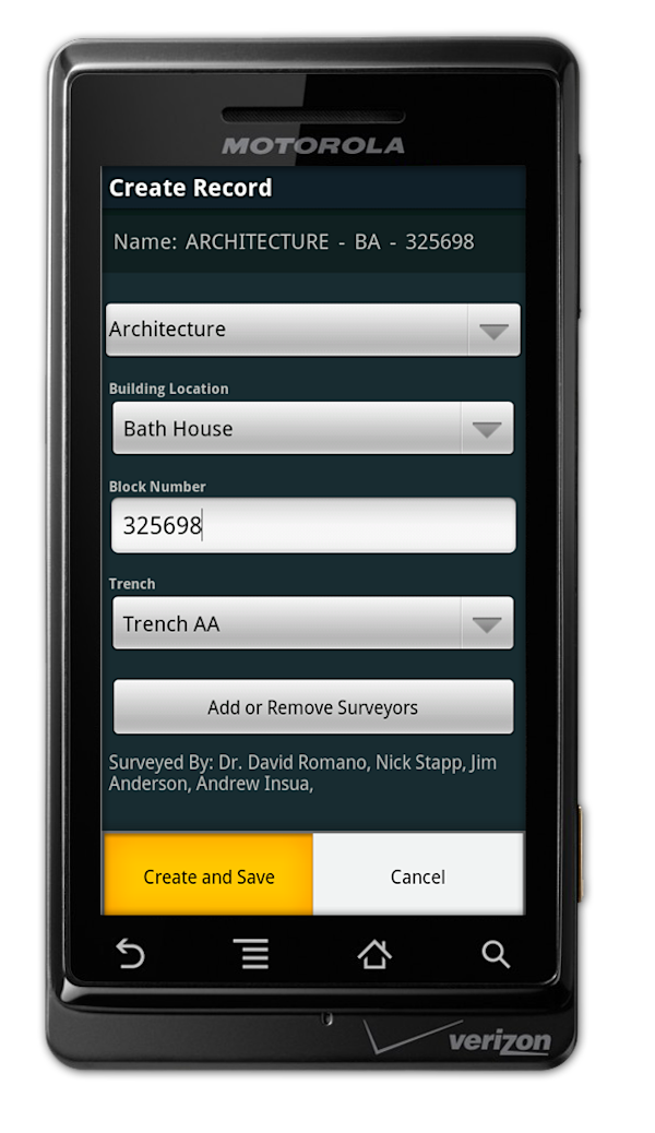Screenshot of the Kronos Android mobile data input application.