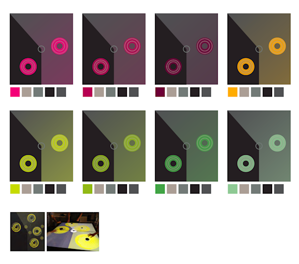 Color study for the Circle of Fifths Harmony table, based on exhibit brand guide. As the key changes, the color changes.