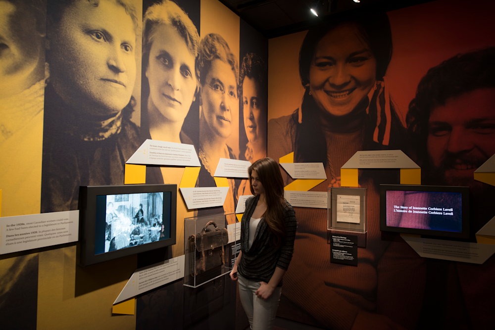 Closer view of the women's rights screens in context of exhibit design.