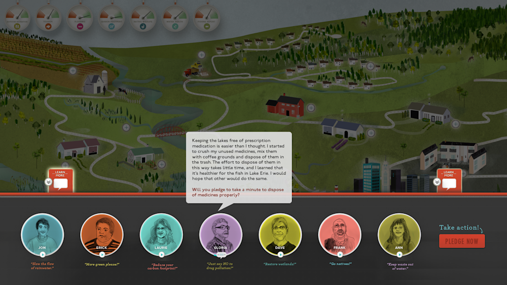 Screenshot of the Old Woman Creek community voices screen where visitor hear people from the community talk about how the watershed health affects their lives.