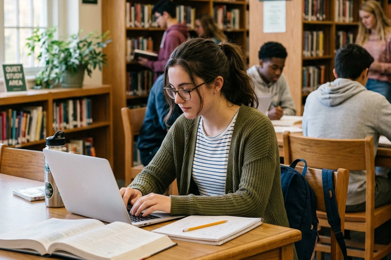high school student in library working on a laptop