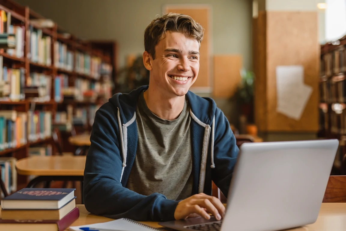 smiling high school student working on laptop in library