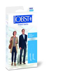 __Sitting for long periods of time in the cramped quarters of an airplane, car, train or bus can lead to circulatory problems. JOBST Travel Socks help improve circulation and energize legs while minimizing swelling during long periods of sitting or standing. Long flight ahead? Pack your JOBST Travel Socks!__
- Promotes leg health during long hours of inactivity
- Helps reduce swelling and aching legs, ankles and feet due to long periods of sitting or standing
- Improves circulation reducing the risk of Deep Vein Thrombosis (blood clot)
- A wide top band promotes all-day comfort
